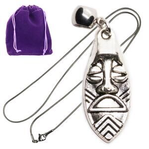 Tiki Tribal Mask Pendant Necklace Beach Jewelry for Men, Silver Tone Face